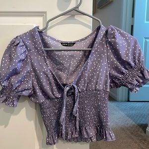 Never worn! Lavender purple polka dot crop short sleeve blouse